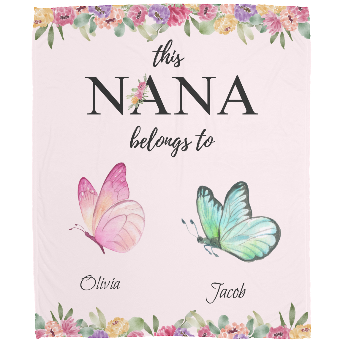 Nana Butterfly Personalized Children Names Plush Fleece Blanket
