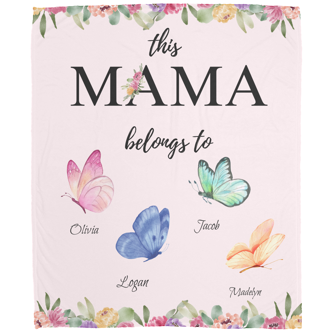 Mama Butterfly Personalized Names Fleece Blanket