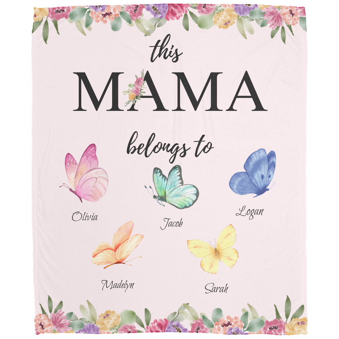 Mama Butterfly Personalized Names Fleece Blanket