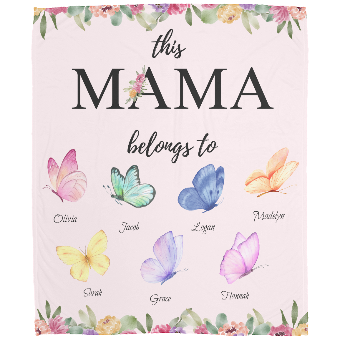 Mama Butterfly Personalized Names Fleece Blanket