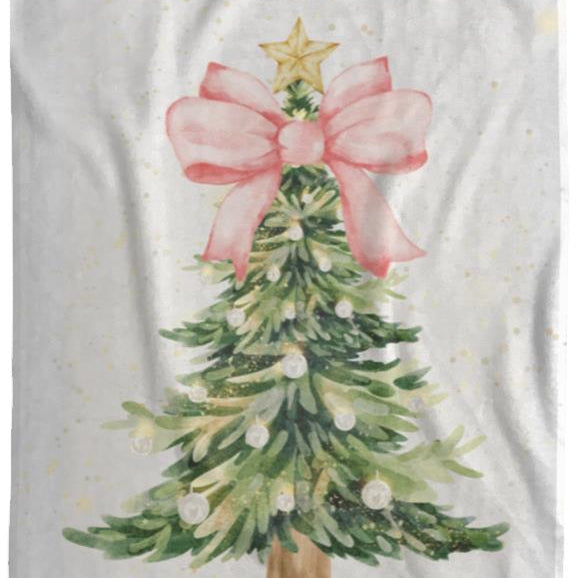 Pink Bow Christmas Tree Plush Fleece Blanket