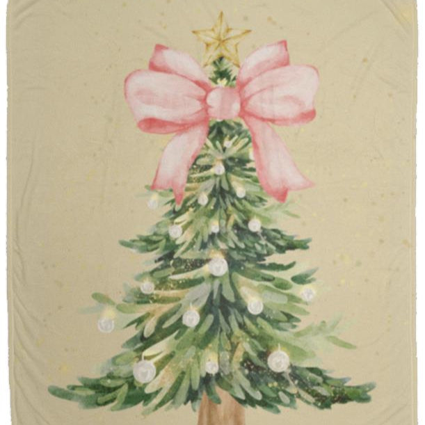 Pink Bow Christmas Tree Plush Fleece Blanket