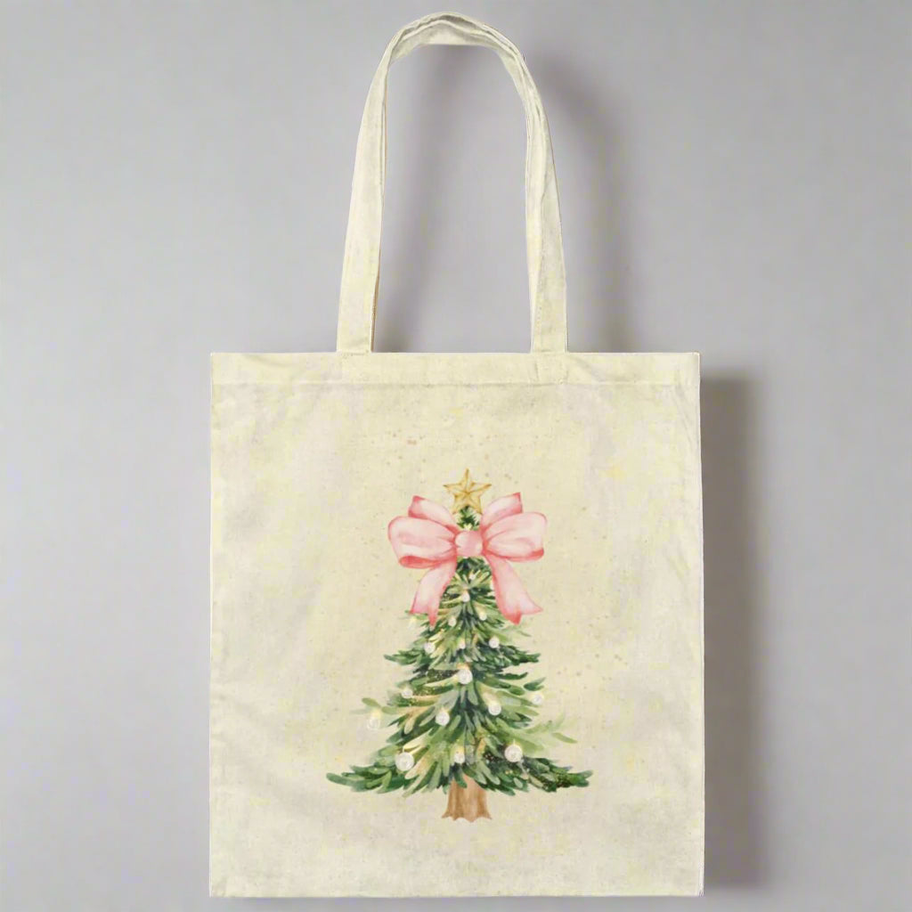 Pink Bow Christmas Tree Canvas Tote Bag