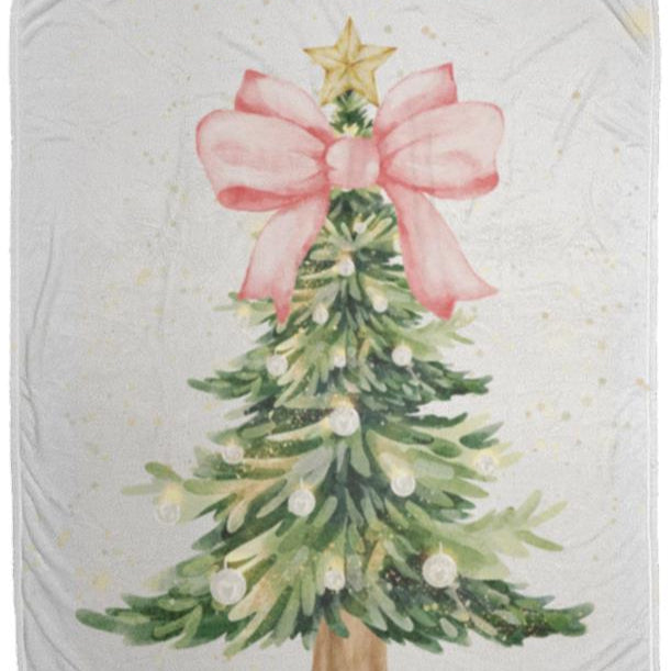 Pink Bow Christmas Tree Plush Fleece Blanket