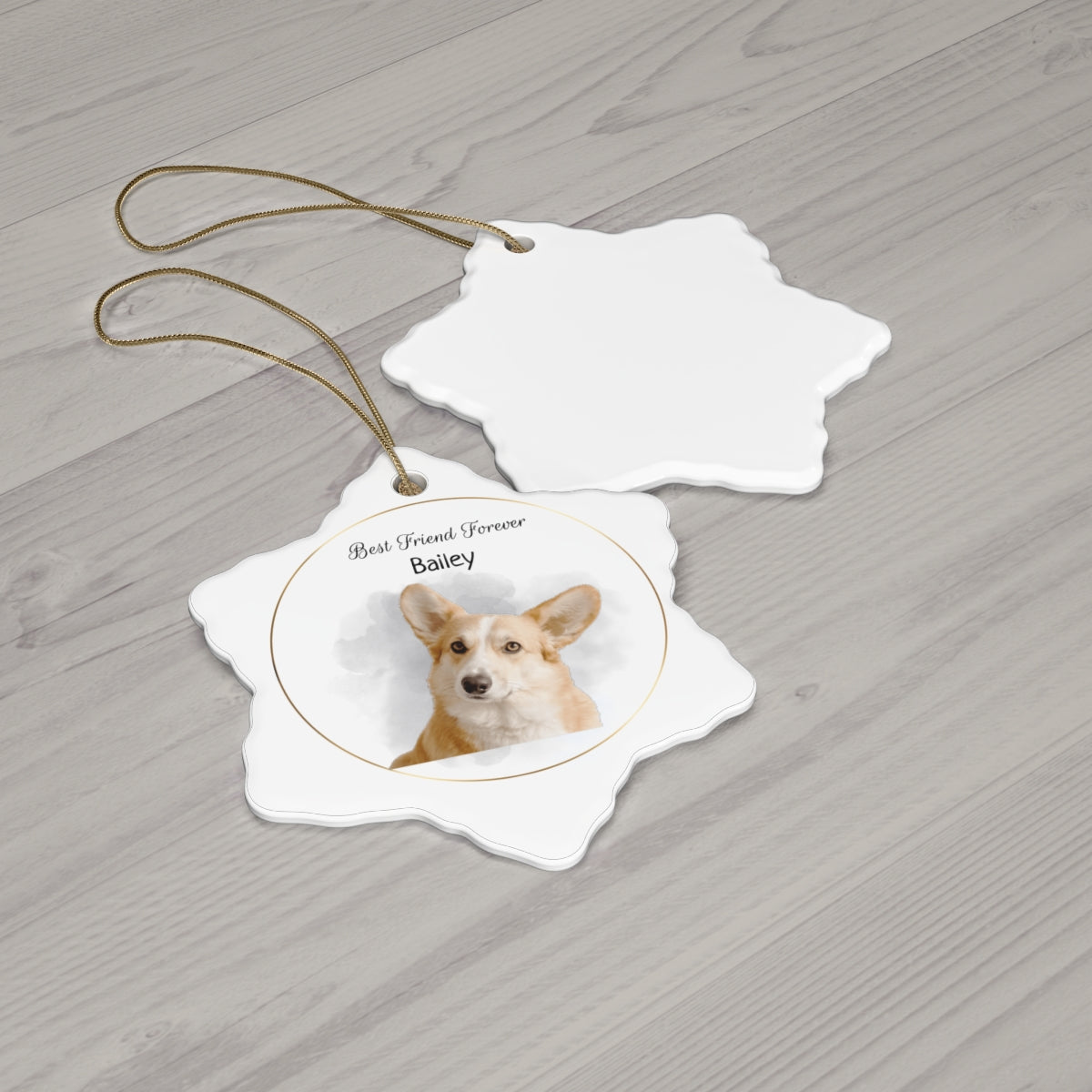 Decorative ornament with a dog's face and 'Best Friend Forever Bailey' text on a wooden surface