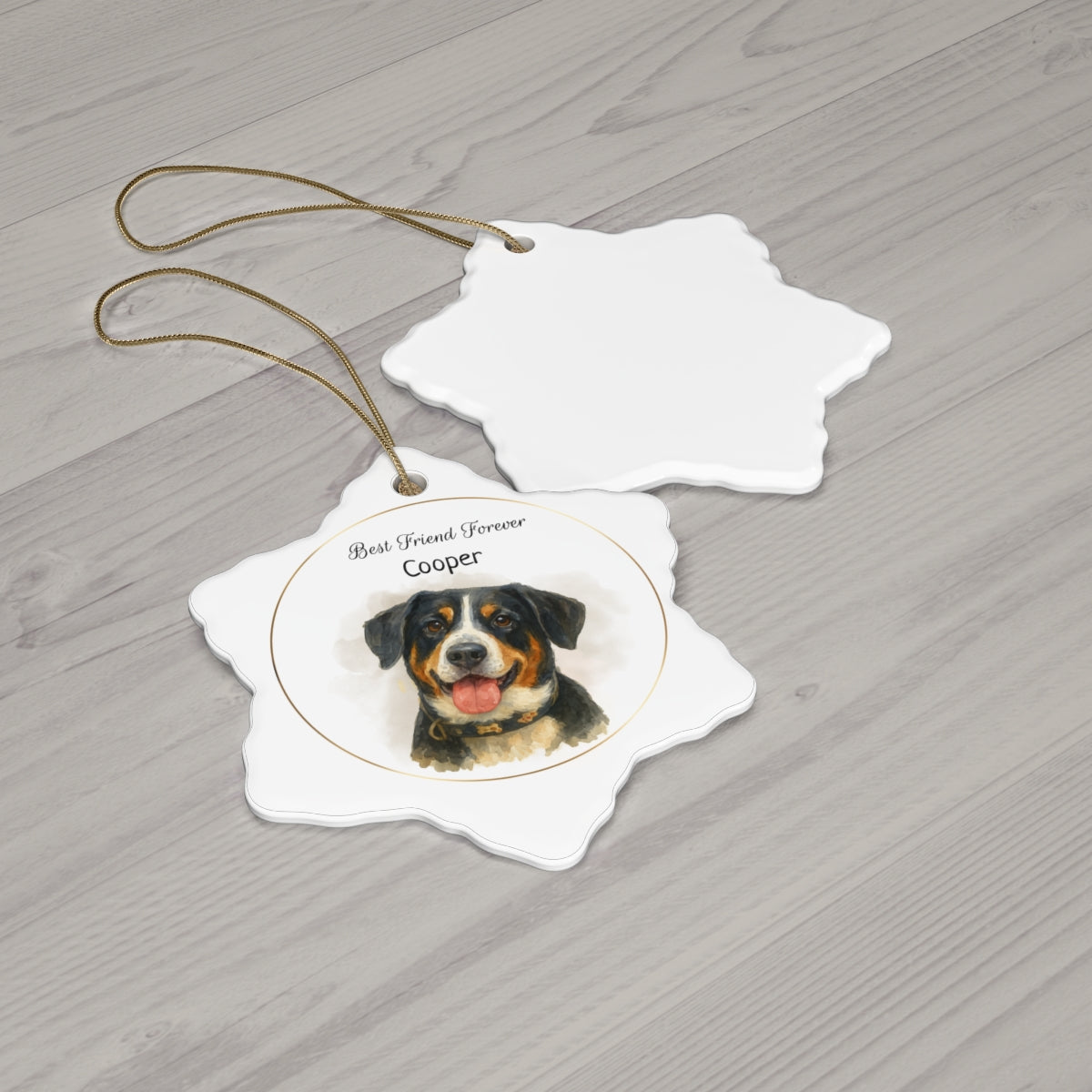 Decorative ornament with a dog's face and 'Best Friend Forever Cooper' text on a wooden surface