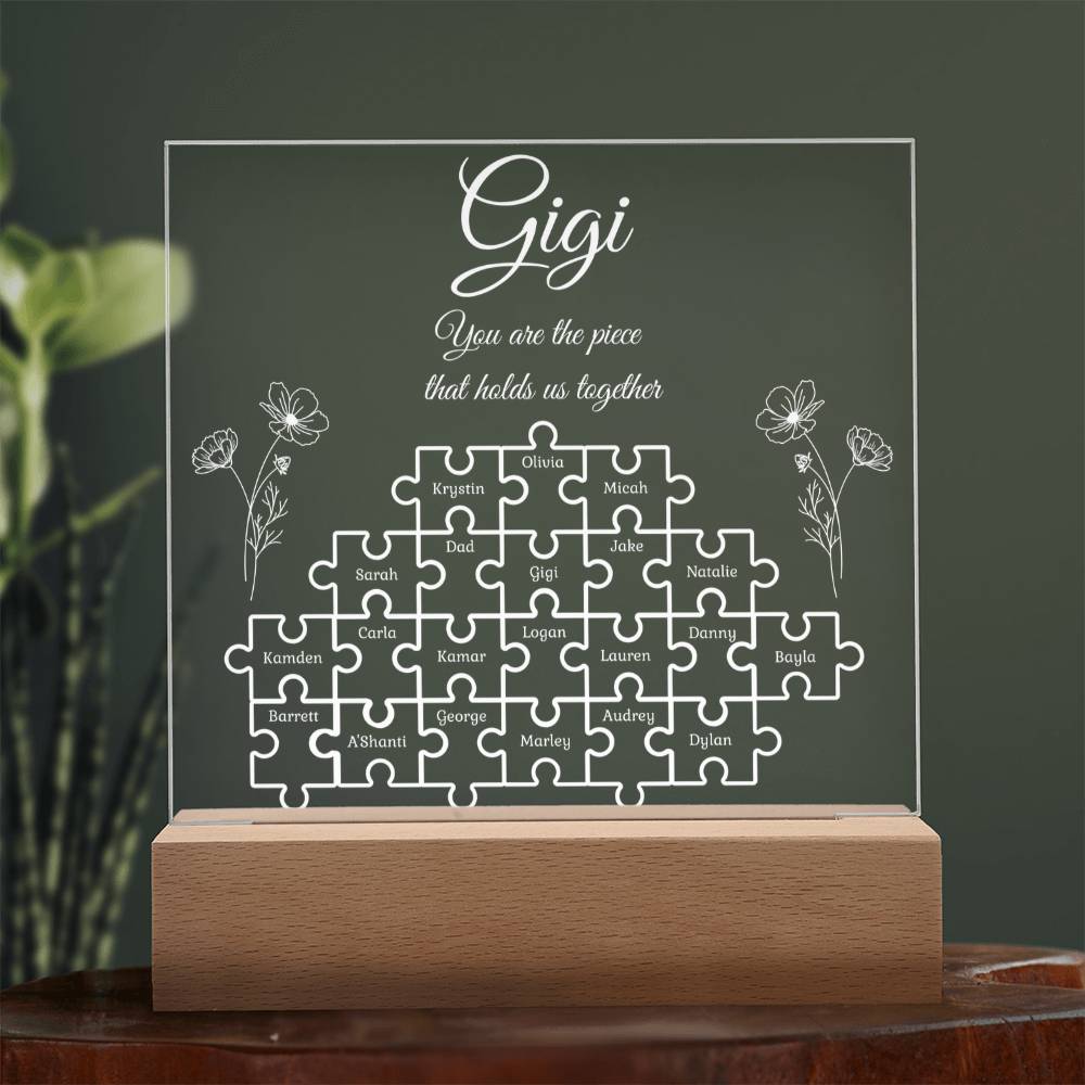Puzzle Piece Grandma Nana Mama Kids Names Acrylic Square LED Plaque