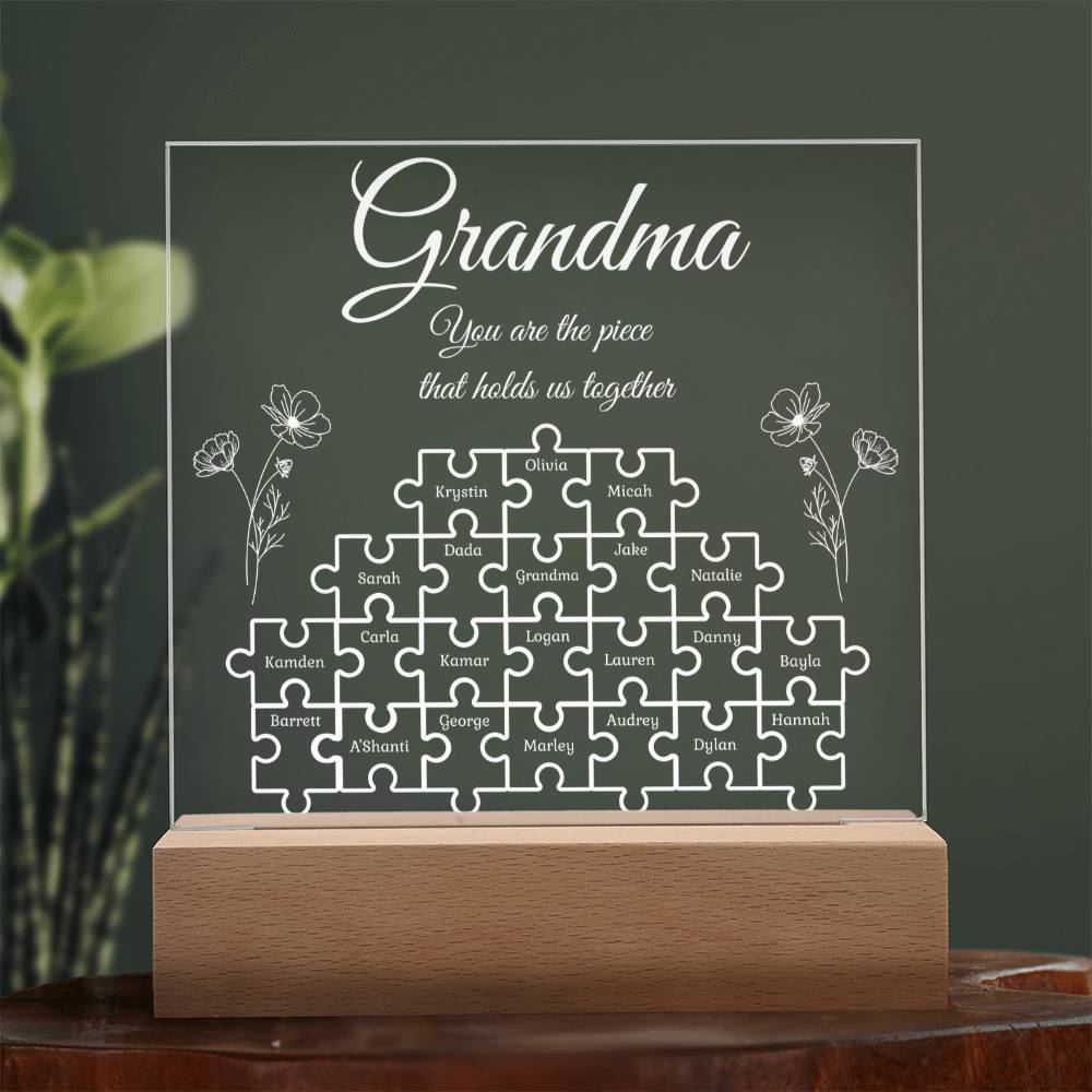 Puzzle Piece Grandma Nana Mama Kids Names Acrylic Square LED Plaque
