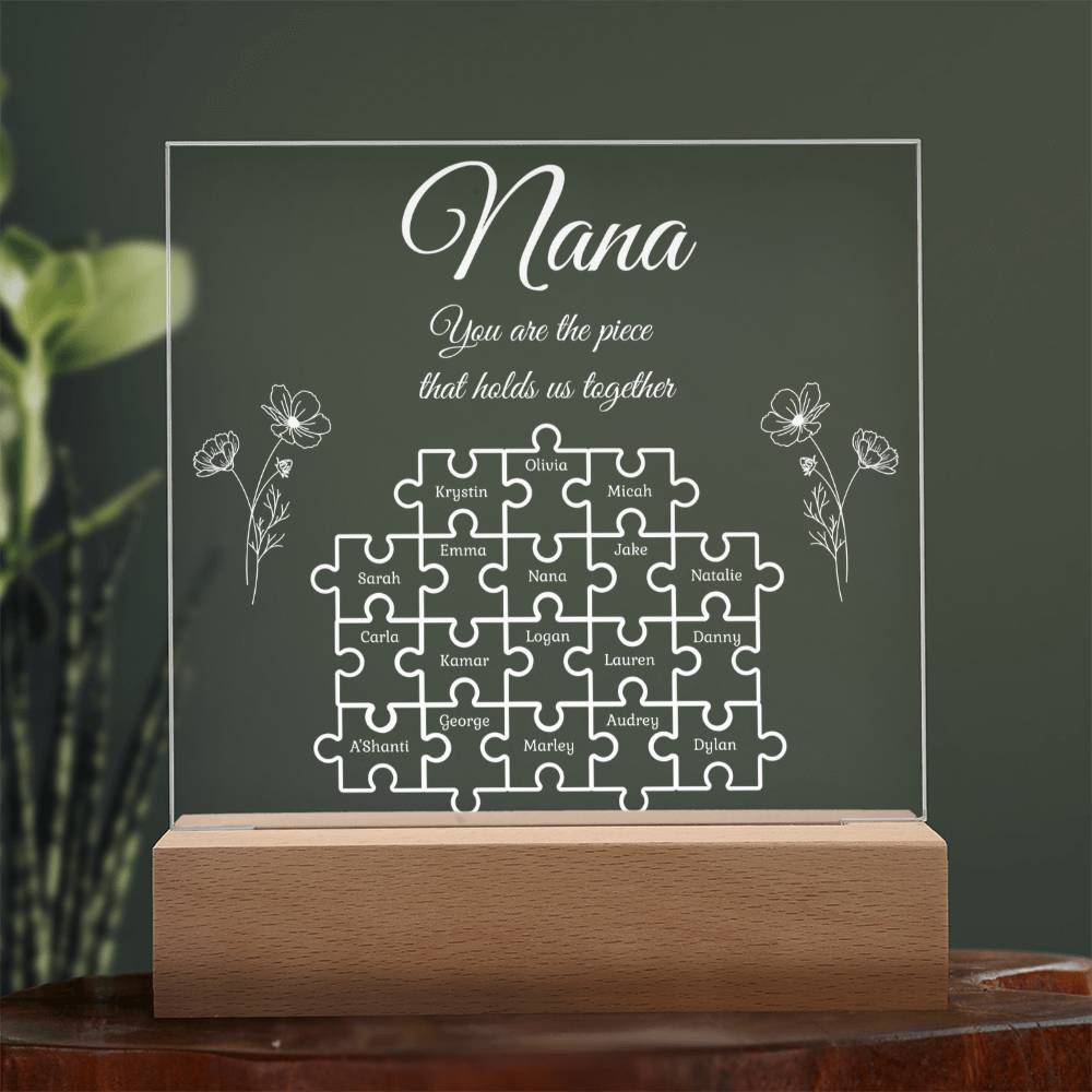 Puzzle Piece Grandma Nana Mama Kids Names Acrylic Square LED Plaque