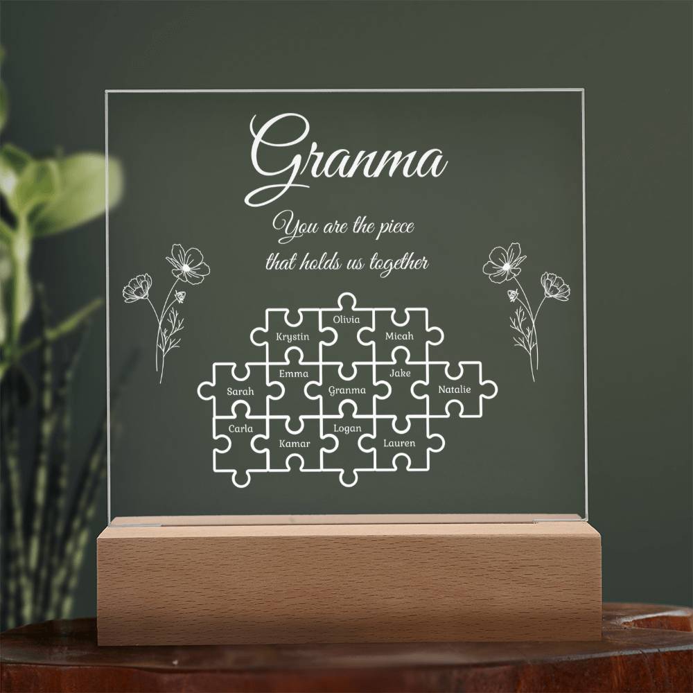 Puzzle Piece Grandma Nana Mama Kids Names Acrylic Square LED Plaque