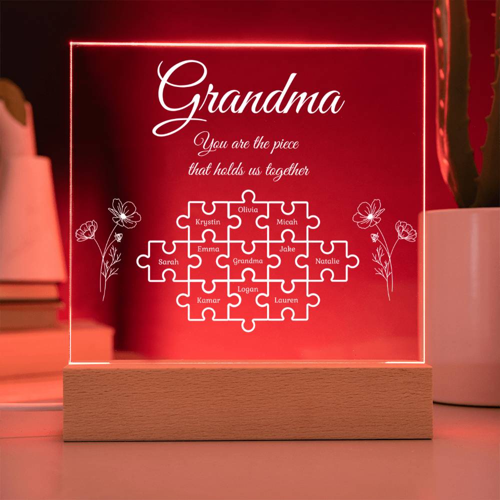 Puzzle Piece Grandma Nana Mama Kids Names Acrylic Square LED Plaque