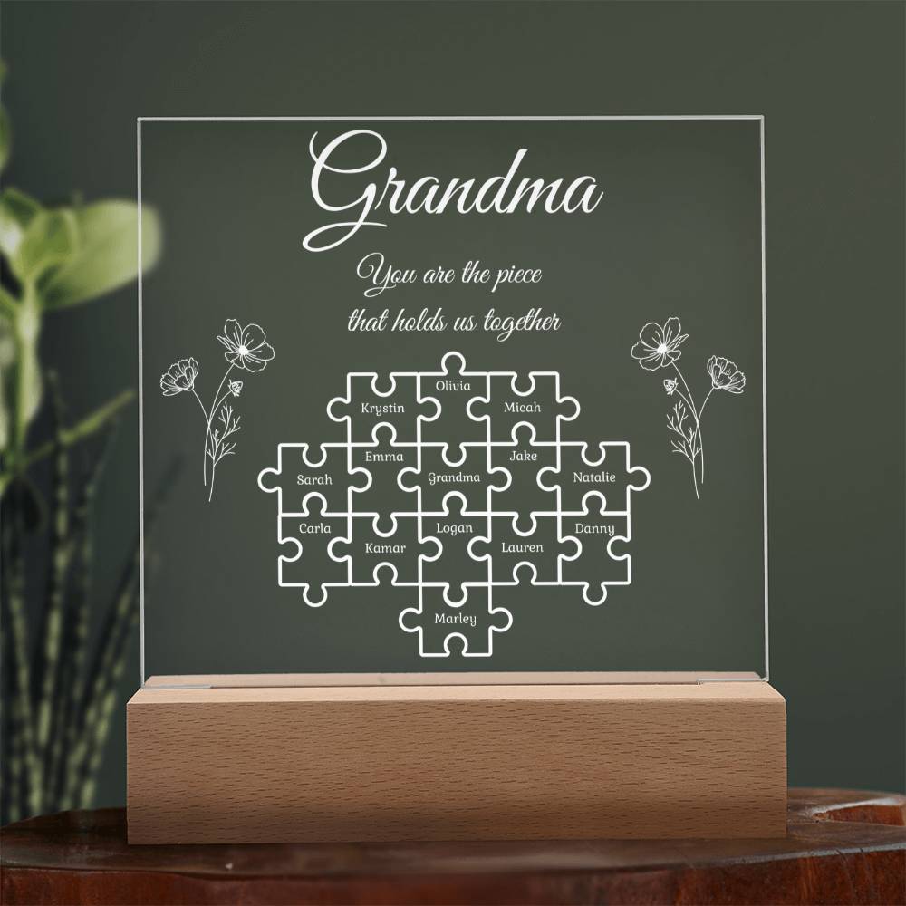 Puzzle Piece Grandma Nana Mama Kids Names Acrylic Square LED Plaque