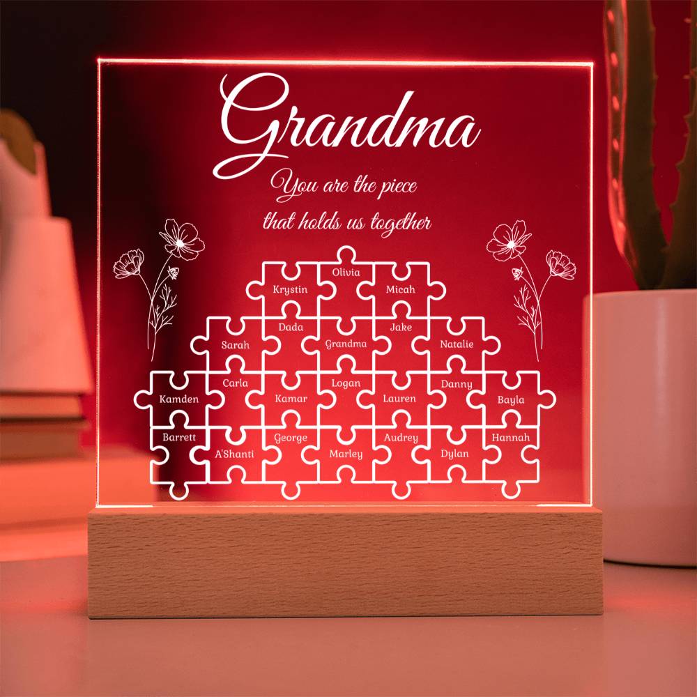 Puzzle Piece Grandma Nana Mama Kids Names Acrylic Square LED Plaque