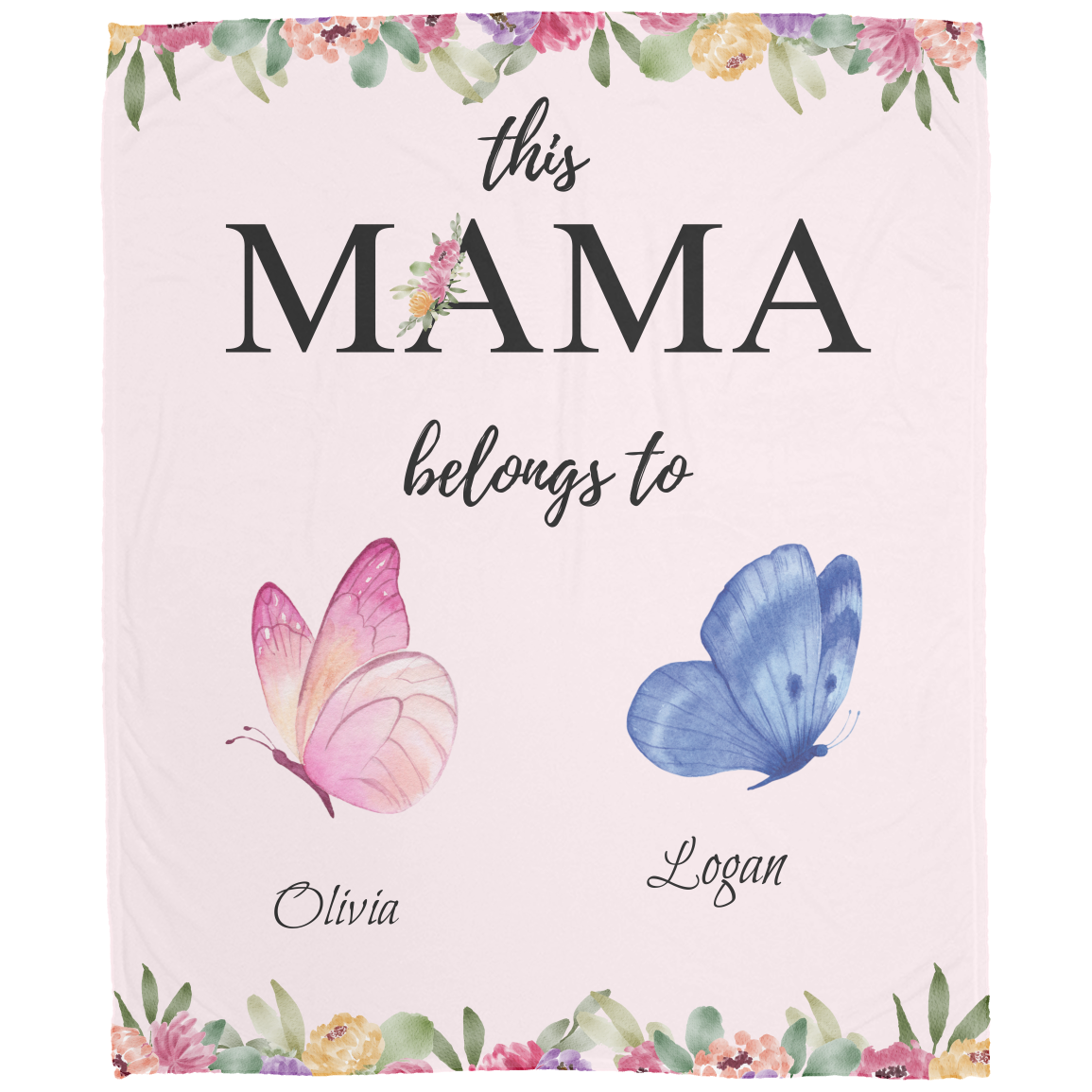 Mama Butterfly Personalized Names Fleece Blanket
