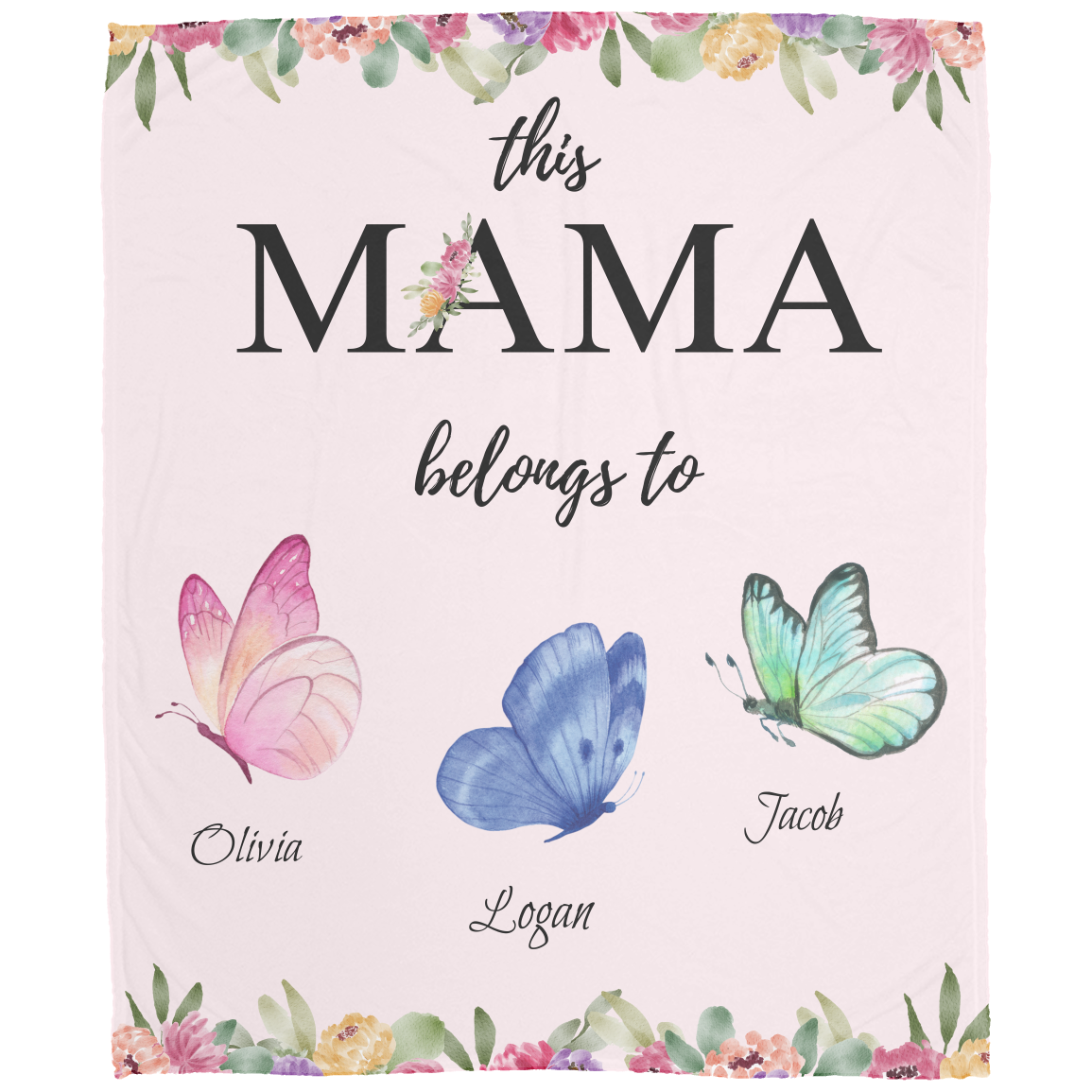 Mama Butterfly Personalized Names Fleece Blanket
