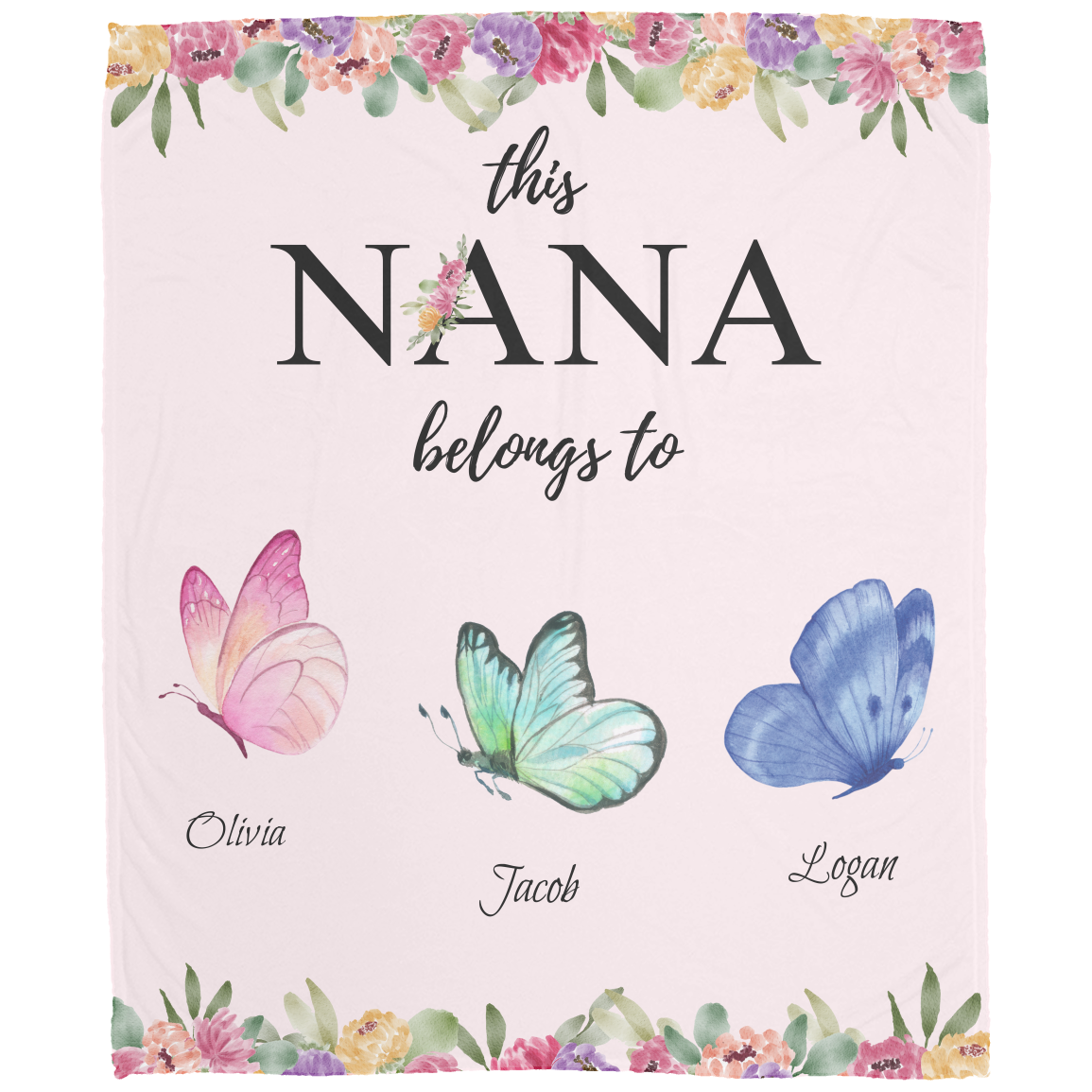 Nana Butterfly Personalized Children Names Plush Fleece Blanket