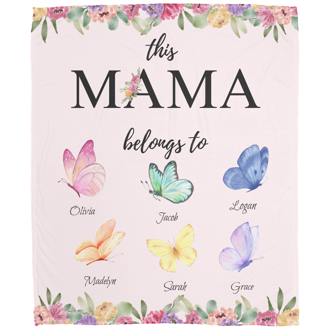 Mama Butterfly Personalized Names Fleece Blanket