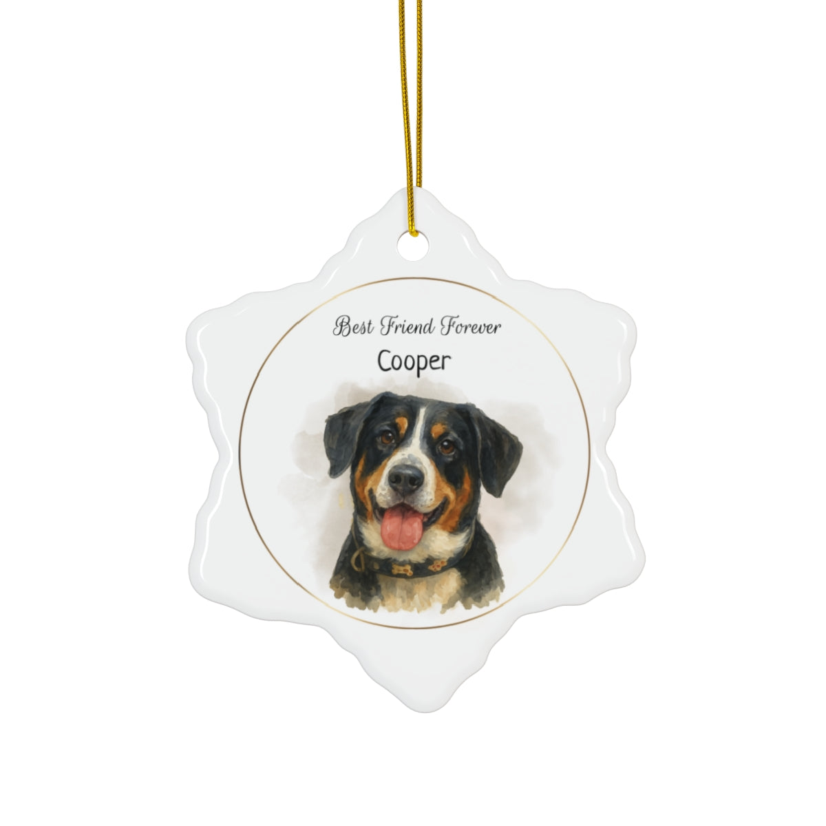 Decorative ornament with a dog's face and 'Best Friend Forever Cooper' text on a white background
