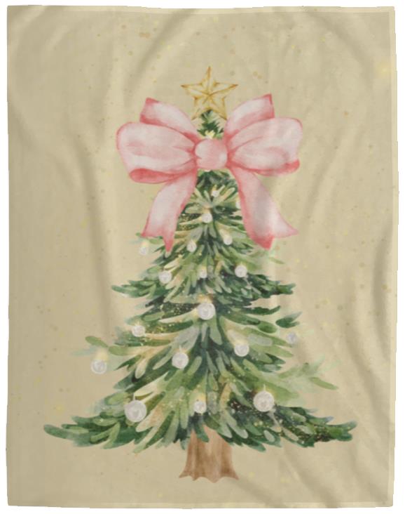 Pink Bow Christmas Tree Plush Fleece Blanket