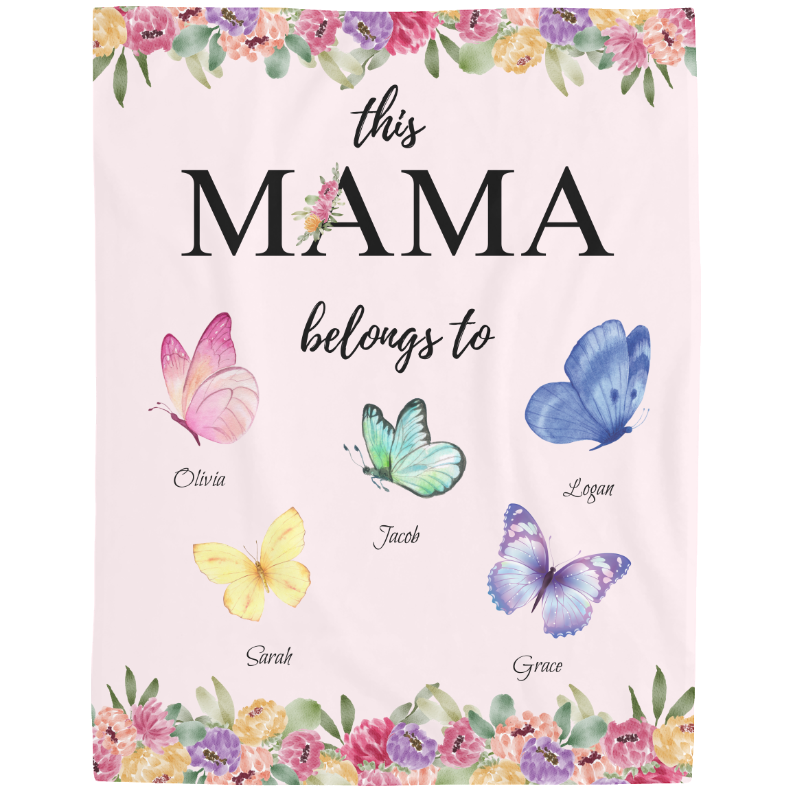 Mama Butterfly Personalized Names Fleece Blanket