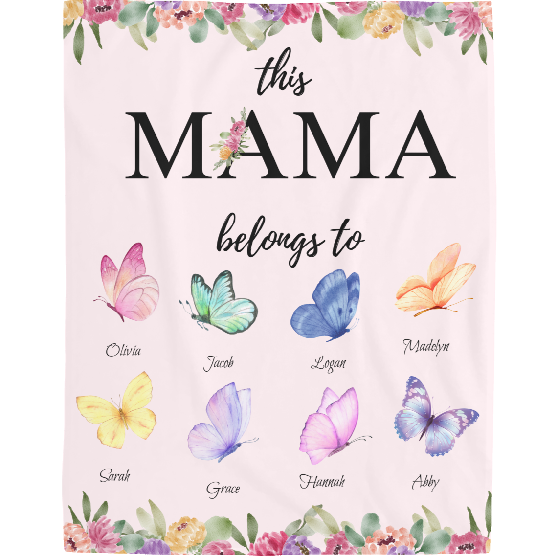 Mama Butterfly Personalized Names Fleece Blanket