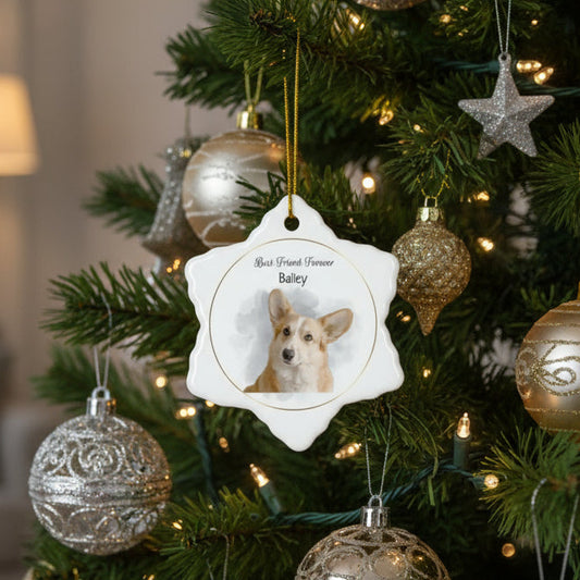 Decorative ornament with a dog's face and 'Best Friend Forever Bailey' text on a white background