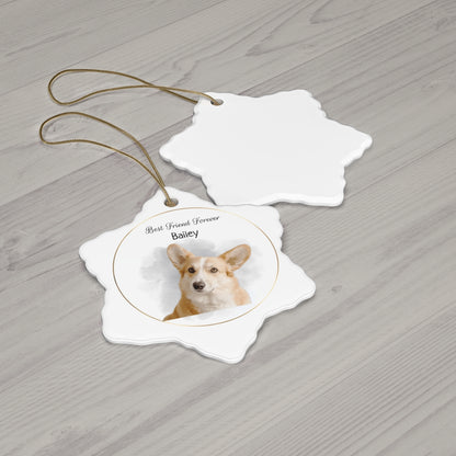 Decorative ornament with a dog's face and 'Best Friend Forever Bailey' text on a wooden surface