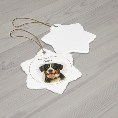 Decorative ornament with a dog's face and 'Best Friend Forever Cooper' text on a wooden surface